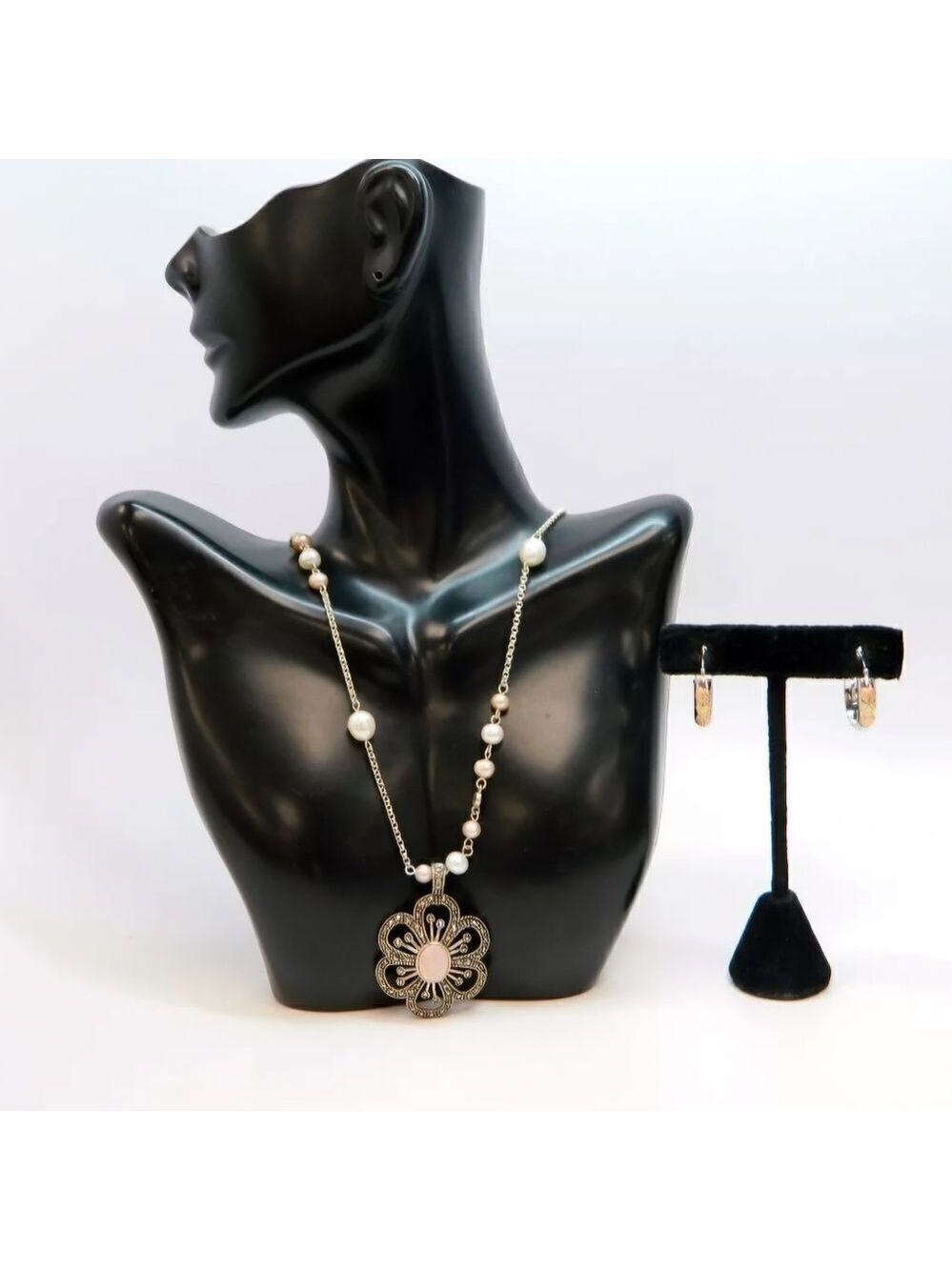 925 & 12K MoP & Marcasite Pendant Pearls Necklace & Leaf Hoop Earrings